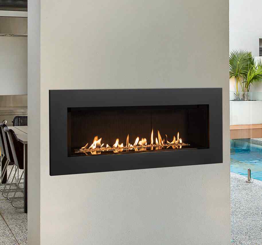 outdoor electric front-facing fireplace on patio