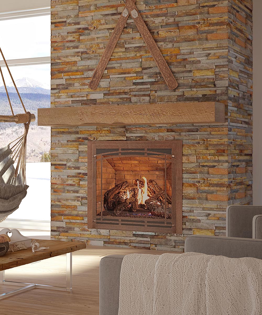 Gas fireplace with custom surround and wooden mantel
