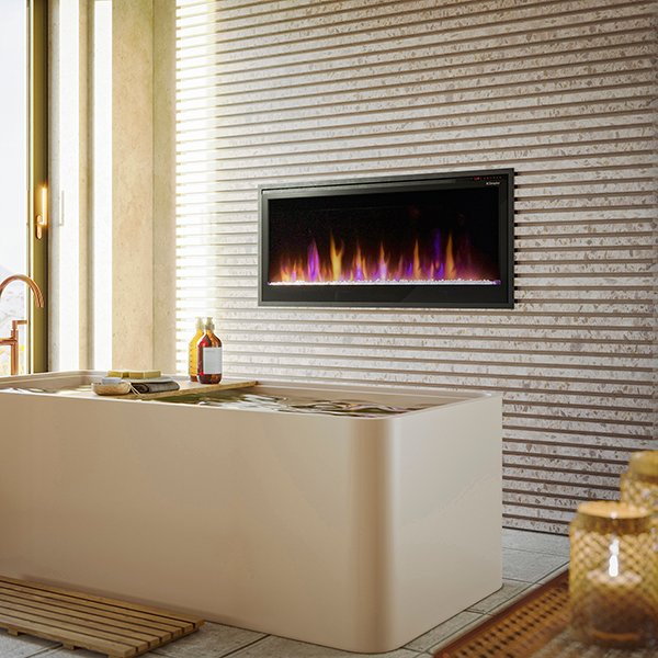 electric fireplace with custom surround in bathroom